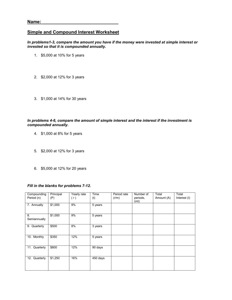 Simple And Compound Interest Worksheet Also Compound Interest Worksheet Answers
