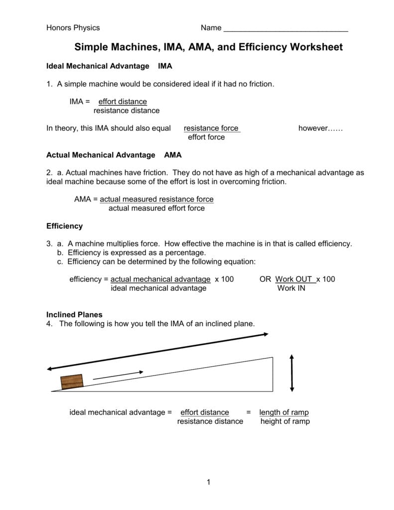 Simple Machines Ima Ama And Efficiency Worksheet With Mechanical Advantage And Efficiency Worksheet Answer Key