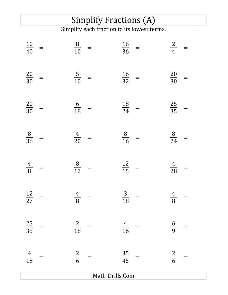 Simplify Proper Fractions To Lowest Terms Easier Version A With Simplifying Fractions Worksheet