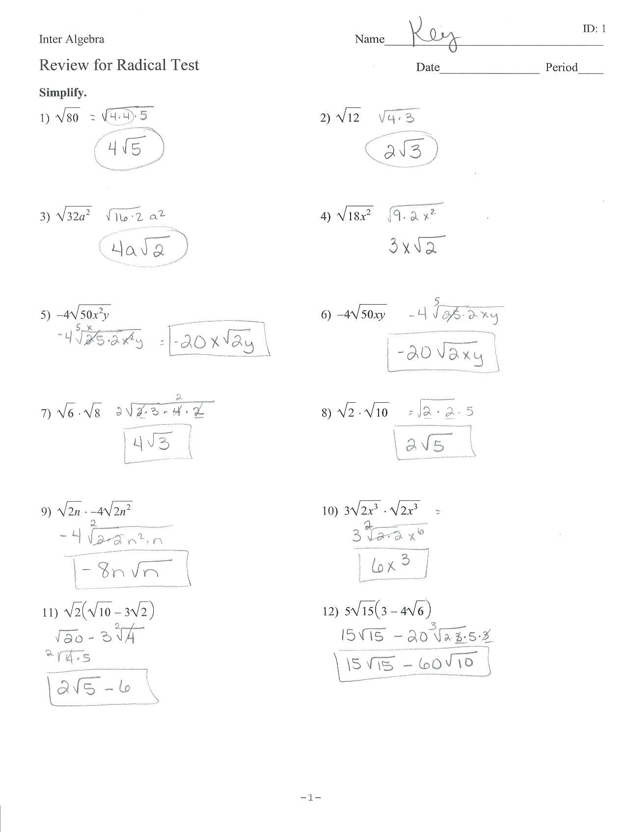 Simplifying A Radical Math Simplifying Radical Expressions Worksheet With Regard To Simplifying Radicals Worksheet 1