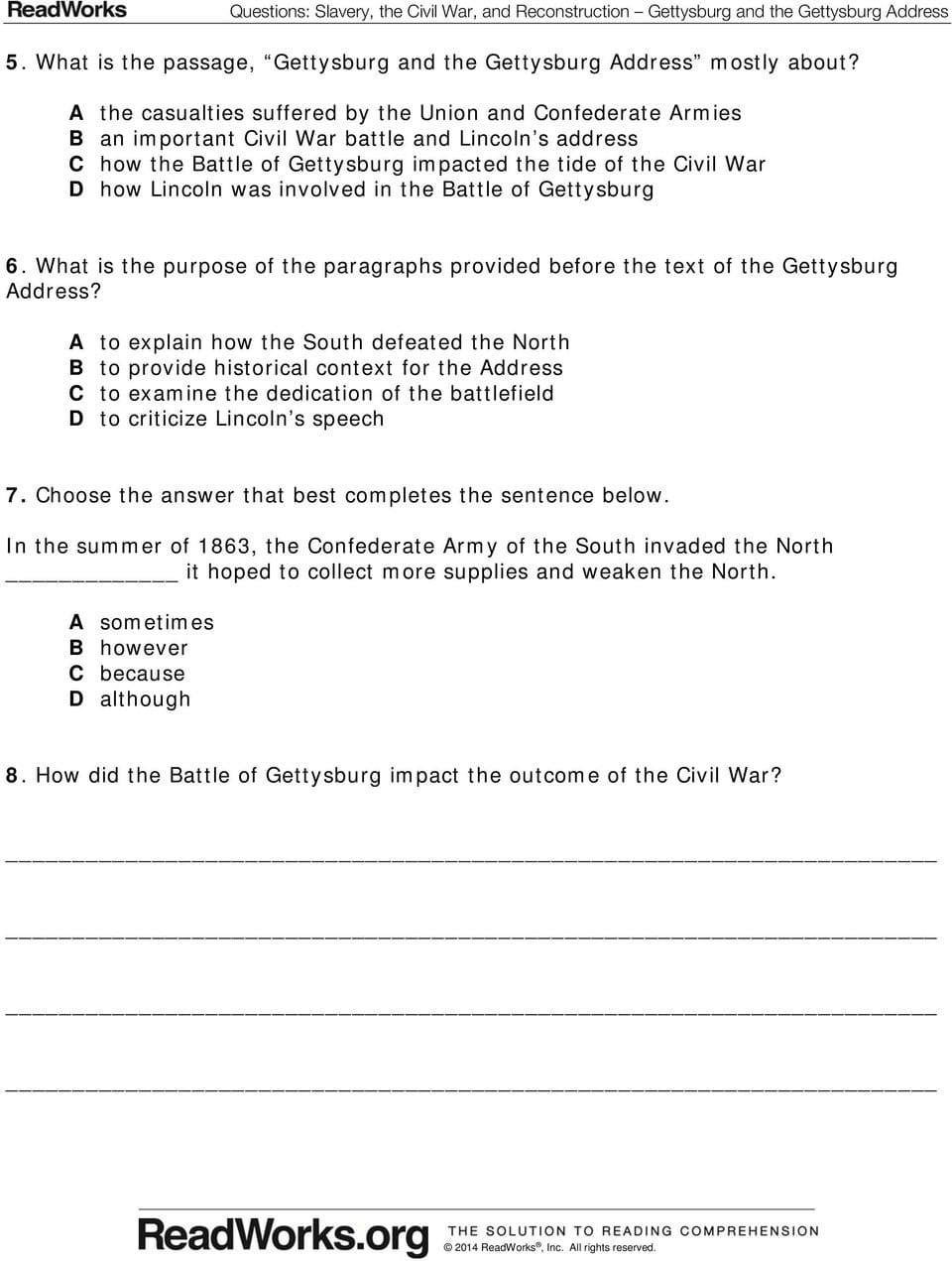 Slavery The Civil War And Reconstruction Gettysburg And The Together With American Civil War Reading Comprehension Worksheet Answers