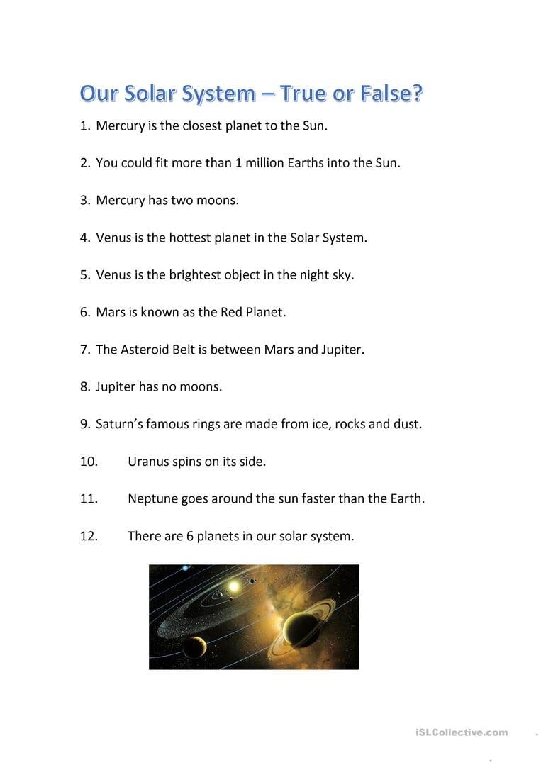 Solar System Quiz  True Or False Worksheet  Free Esl Printable Also Solar System Worksheets