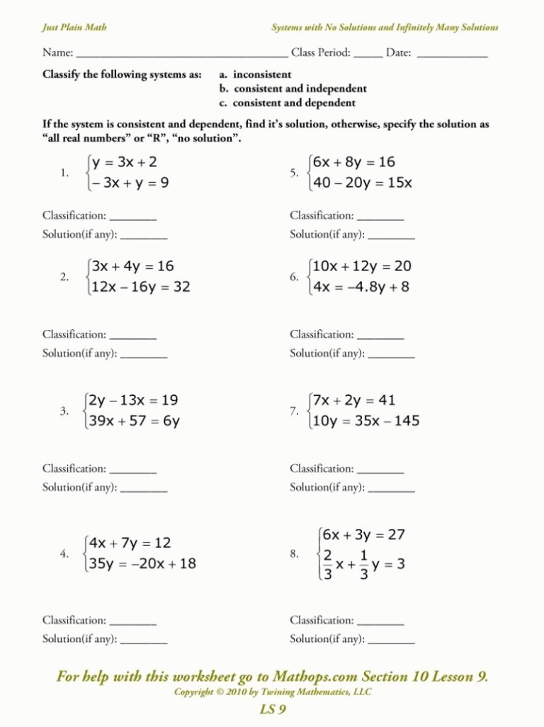 Solutions  Worksheet Images Within One Solution No Solution Infinite Solutions Worksheet