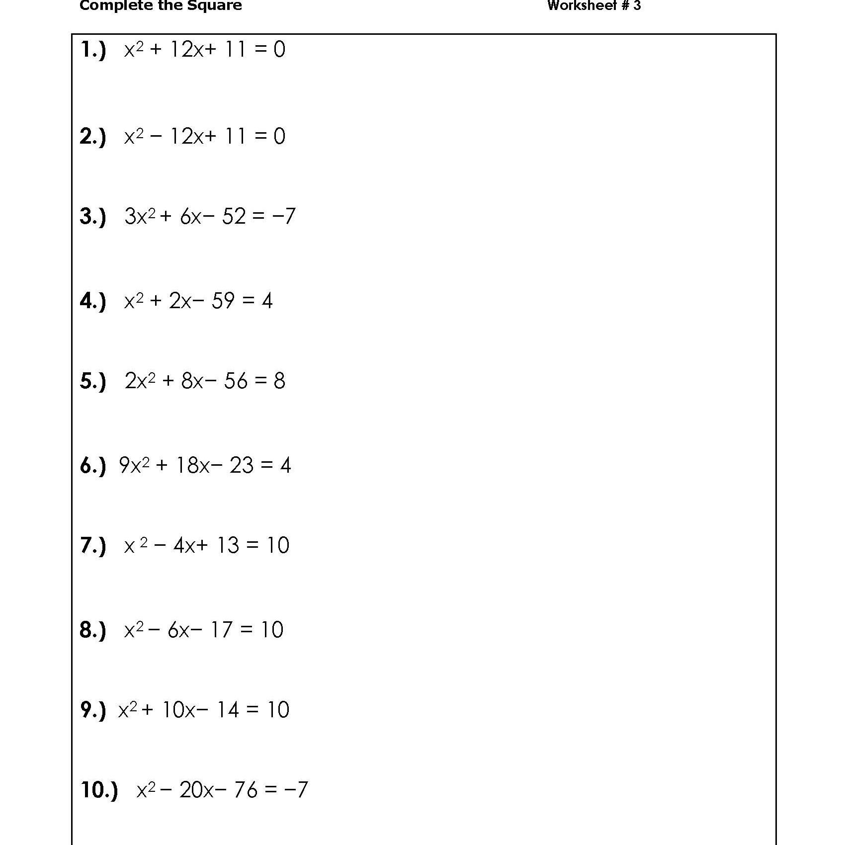 Solve Quadratic Equationscompeting The Square Worksheets Along With Solving Quadratic Equations By Completing The Square Worksheet