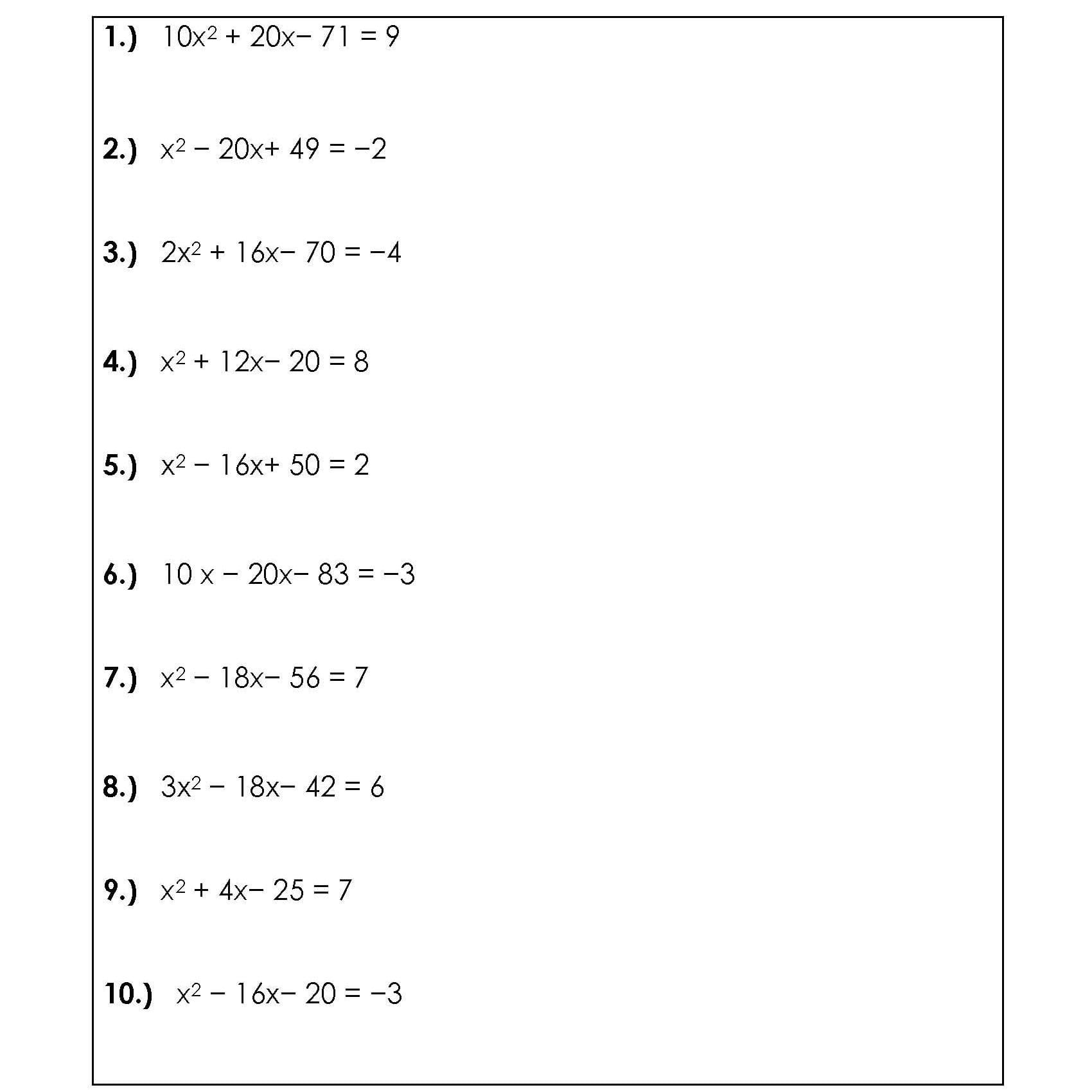 Solve Quadratic Equationscompeting The Square Worksheets For Solving Quadratic Equations By Completing The Square Worksheet Algebra 1