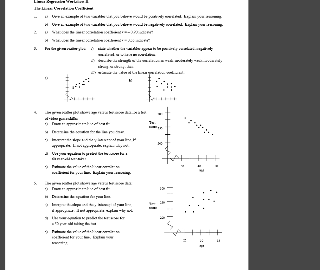 Solved Linear Regression Worksheet 11 The Linear Correlat Also Linear Regression Worksheet Answers