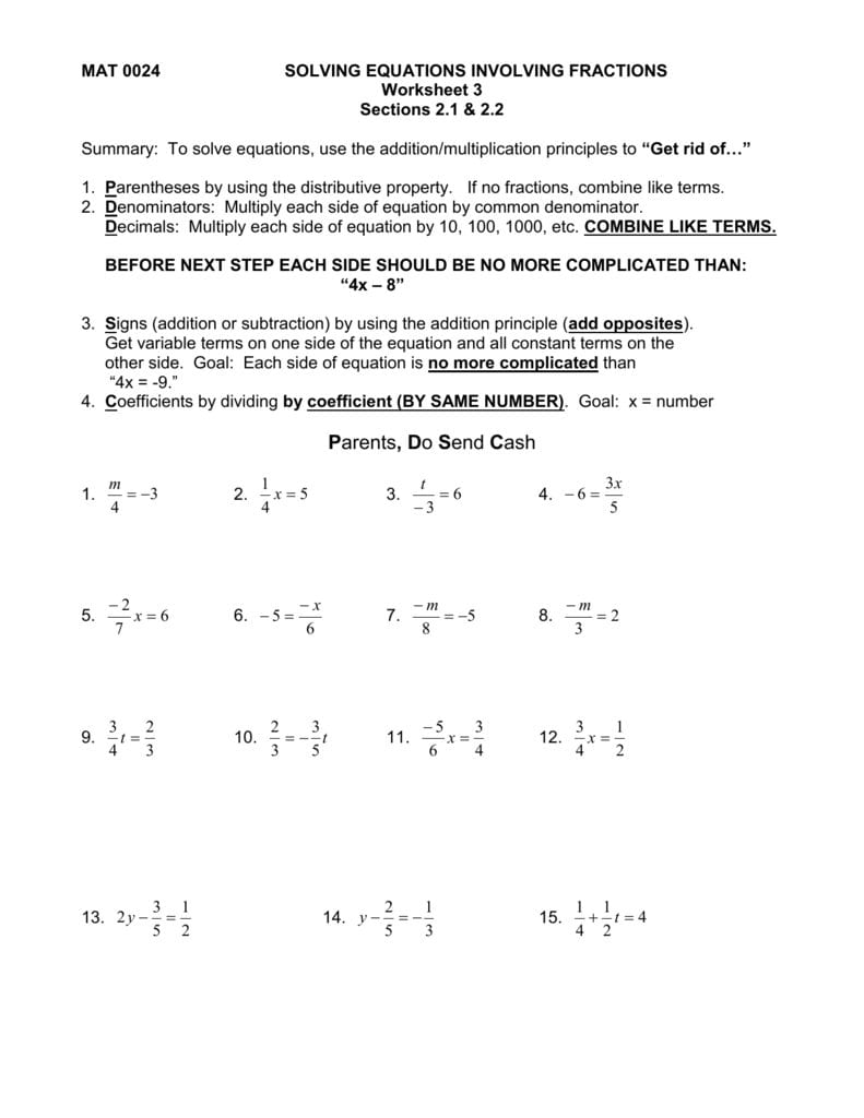 Solving Equations Involving Fractions Or Solving Equations With Variables On Both Sides With Fractions Worksheet