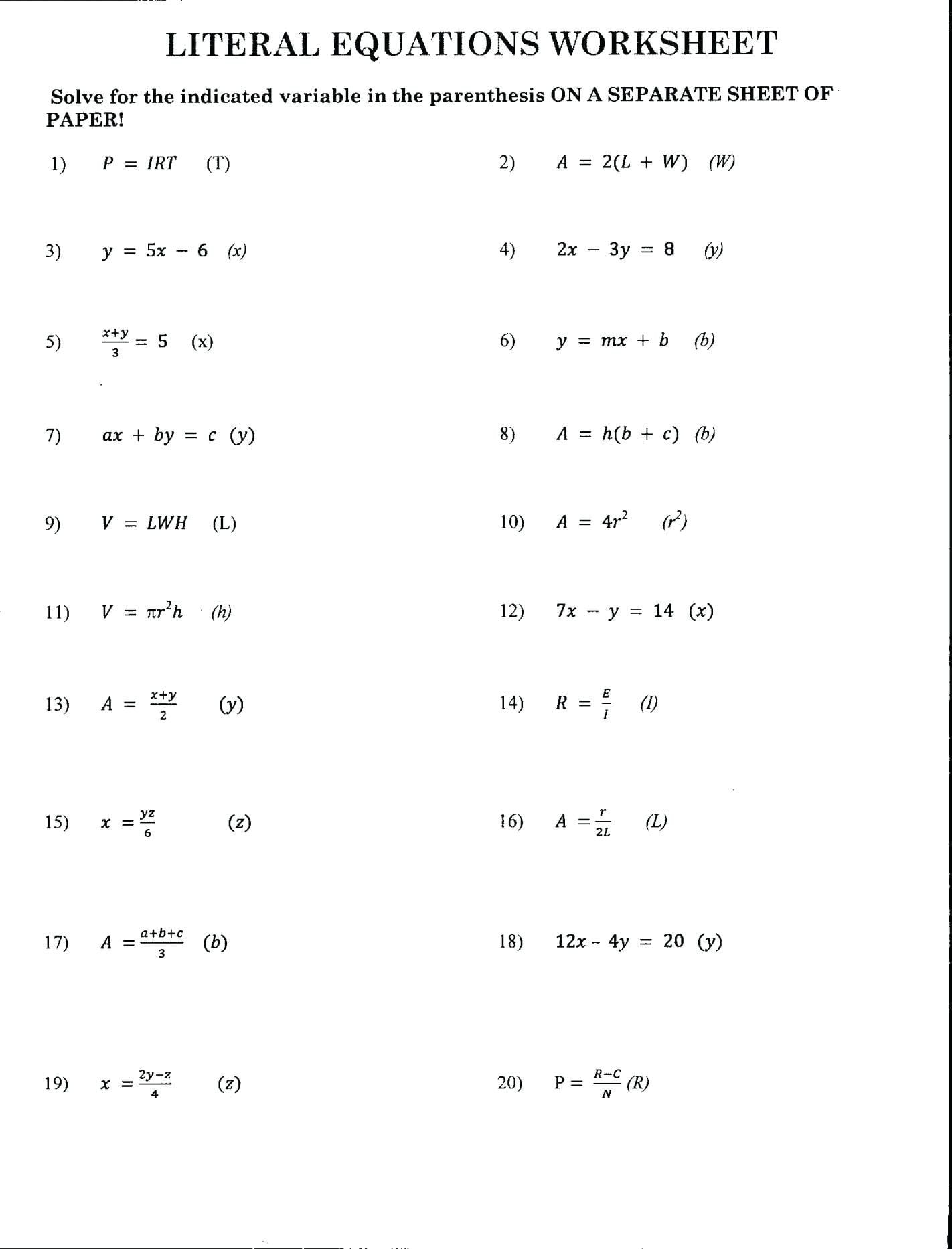Solving Literal Equations Worksheets Math Solve Literal Equations Or Literal Equations Worksheet Answers