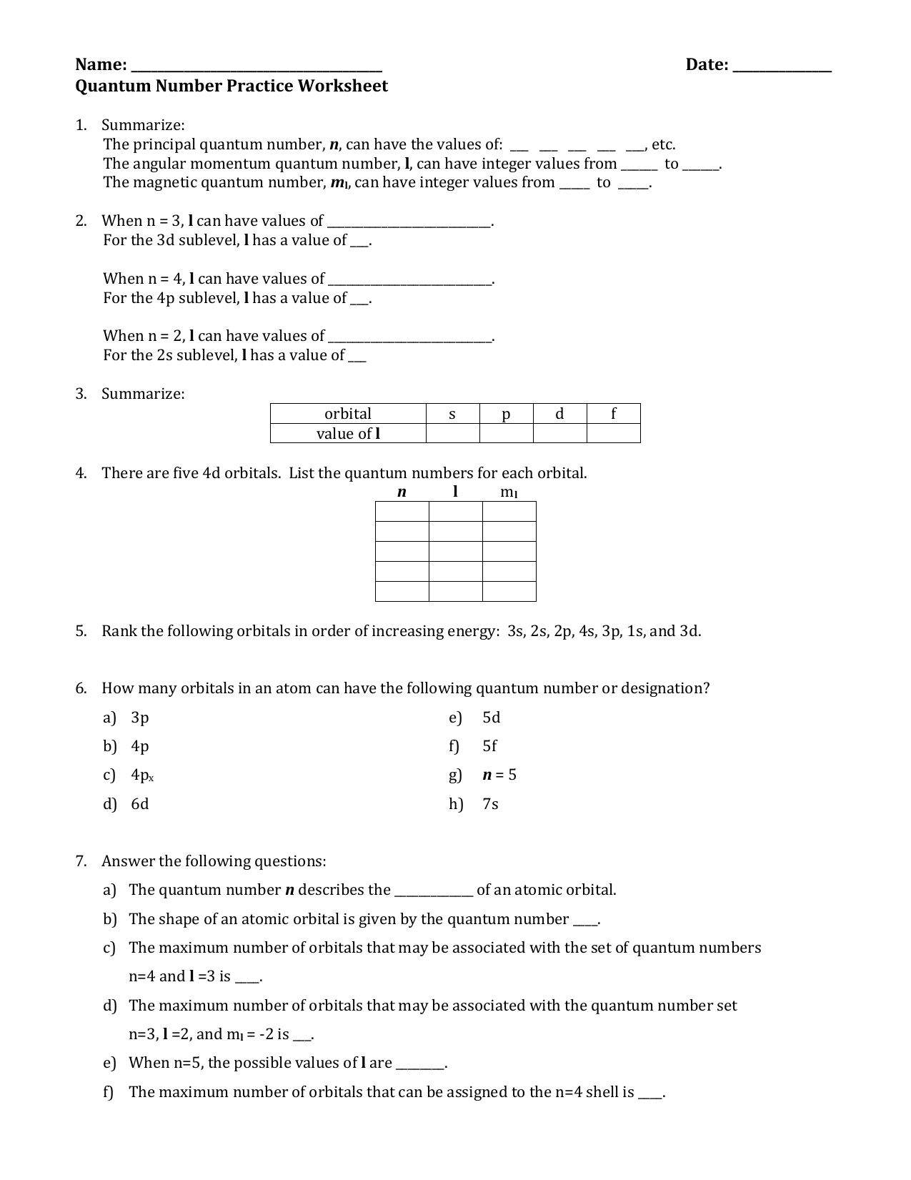South Pasadena · Chemistry With Quantum Numbers Practice Worksheet