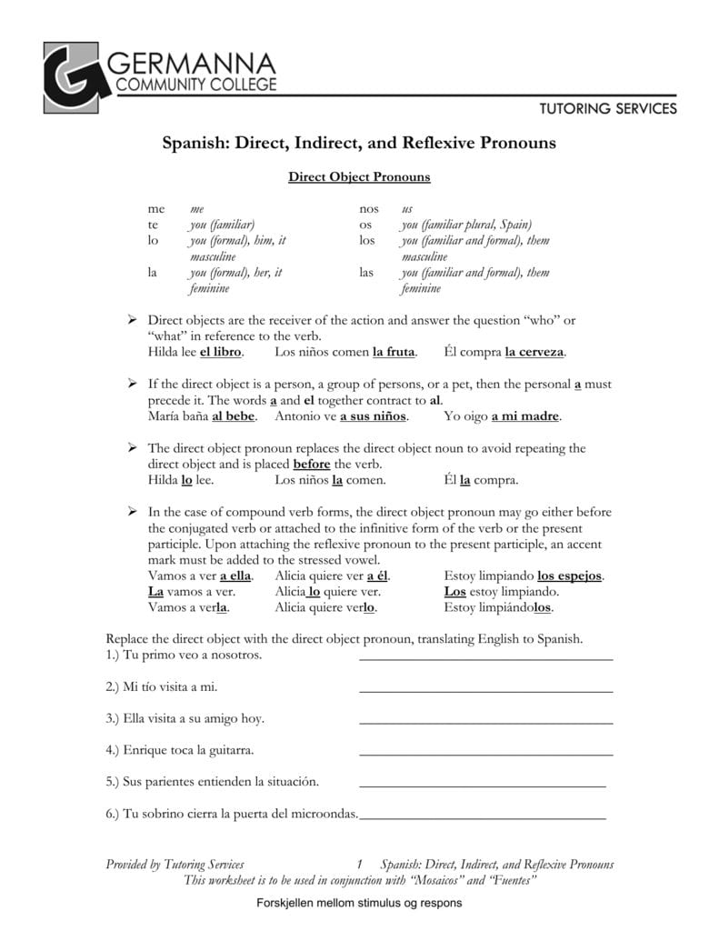 Spanish Direct Indirect And Reflexive Pronouns In Indirect Object Pronouns Spanish Worksheet