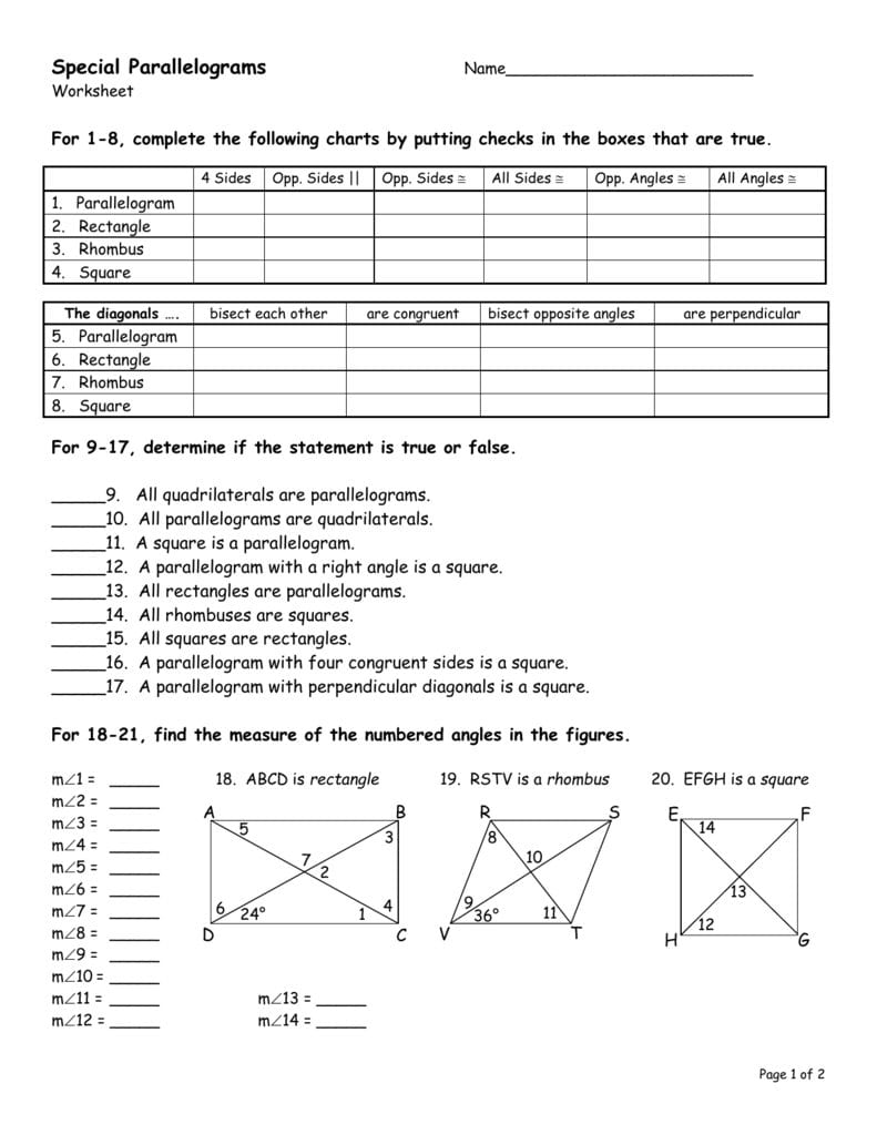 Special Parallelograms Name In Rhombi And Squares Worksheet Answers