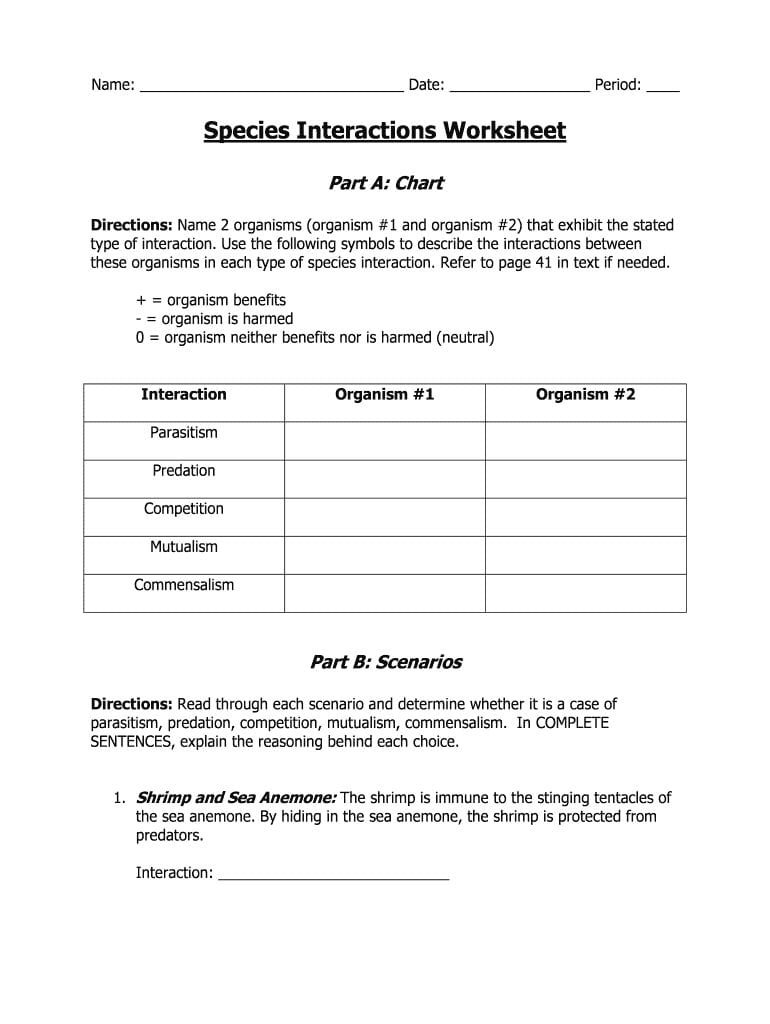 Species Interactions Worksheet  Fill Online Printable Fillable For Species Interactions Worksheet Answers