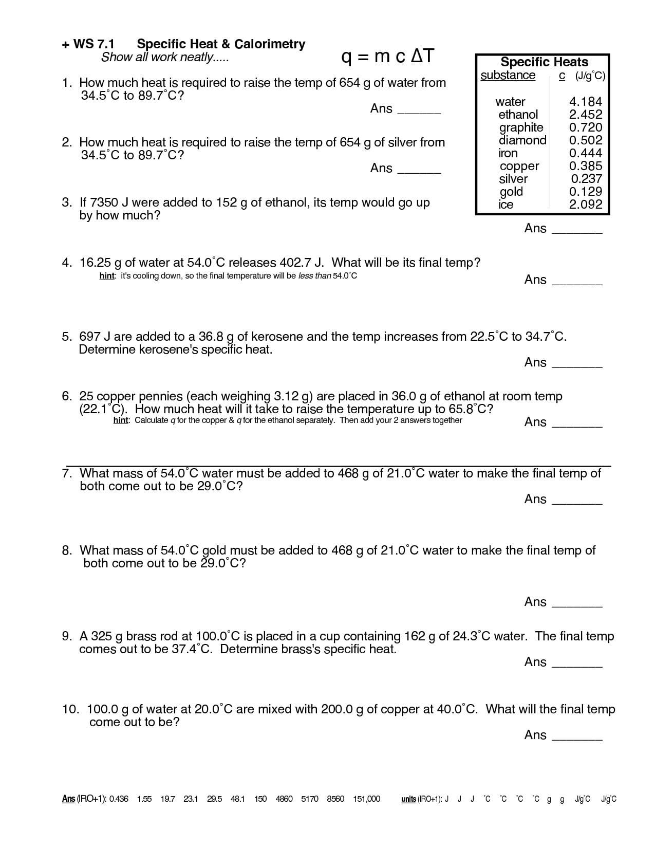 Specific Heat Problems Worksheet  Briefencounters Together With Worksheet Introduction To Specific Heat Capacities