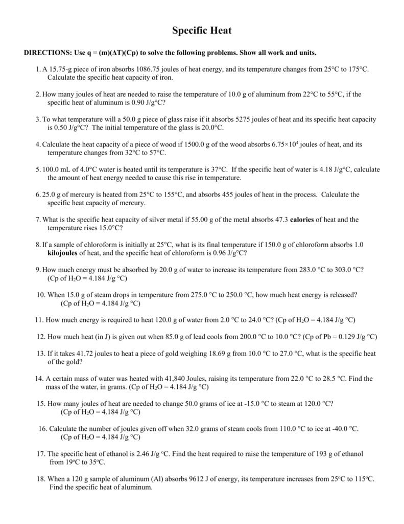 Specific Heat Worksheet Pertaining To Calculating Specific Heat Worksheet Answers