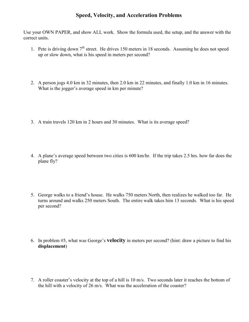 Speed Velocity And Acceleration Problems For Speed Velocity And Acceleration Worksheet