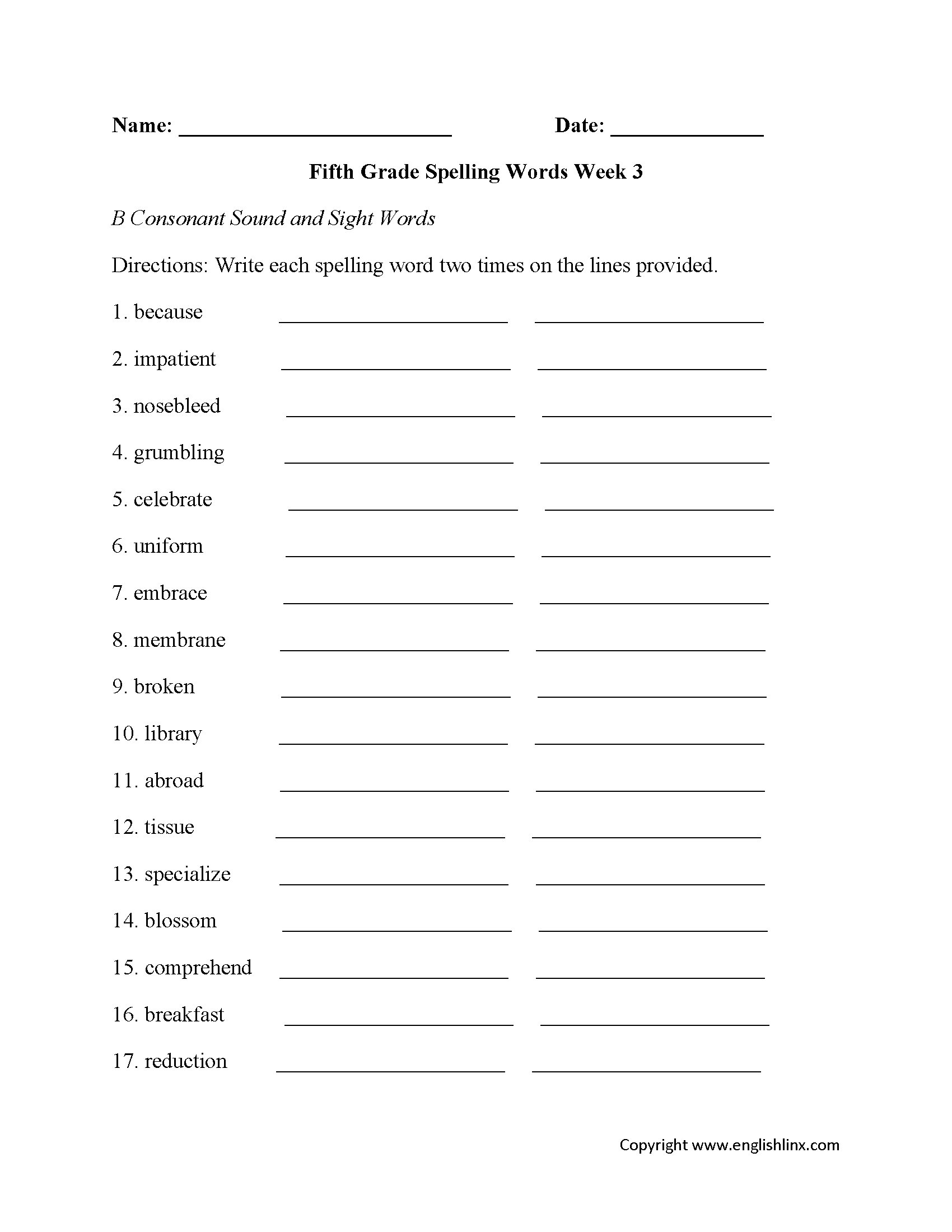 Spelling Worksheets  Fifth Grade Spelling Worksheets With Regard To 3Rd Grade Spelling Worksheets