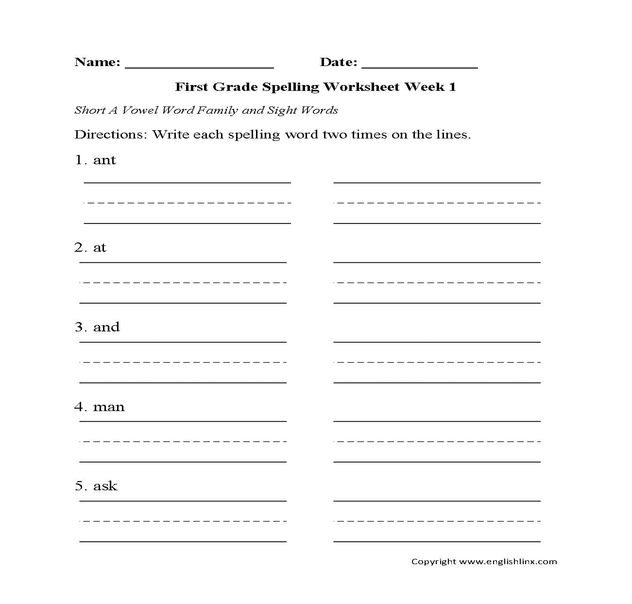 Spelling Worksheets  First Grade Spelling Worksheets For 1St Grade Spelling Worksheets