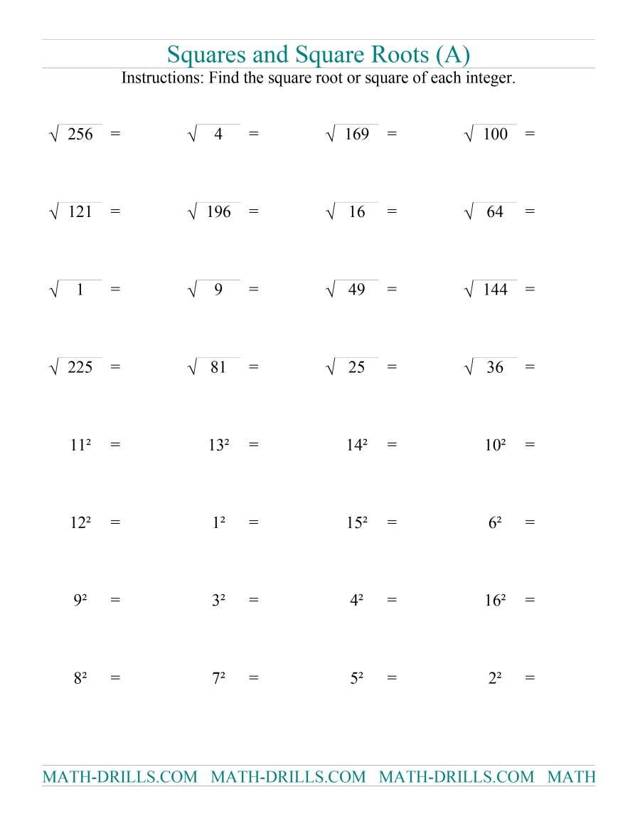 Squares And Square Roots A For Square Roots Worksheet Answers