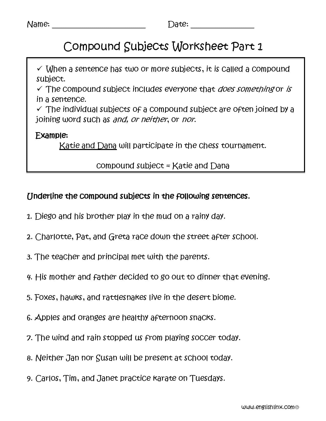 Subject And Predicate Worksheets  Compound Subject Worksheet Part 1 With Regard To Compound Subject And Compound Predicate Worksheets With Answers