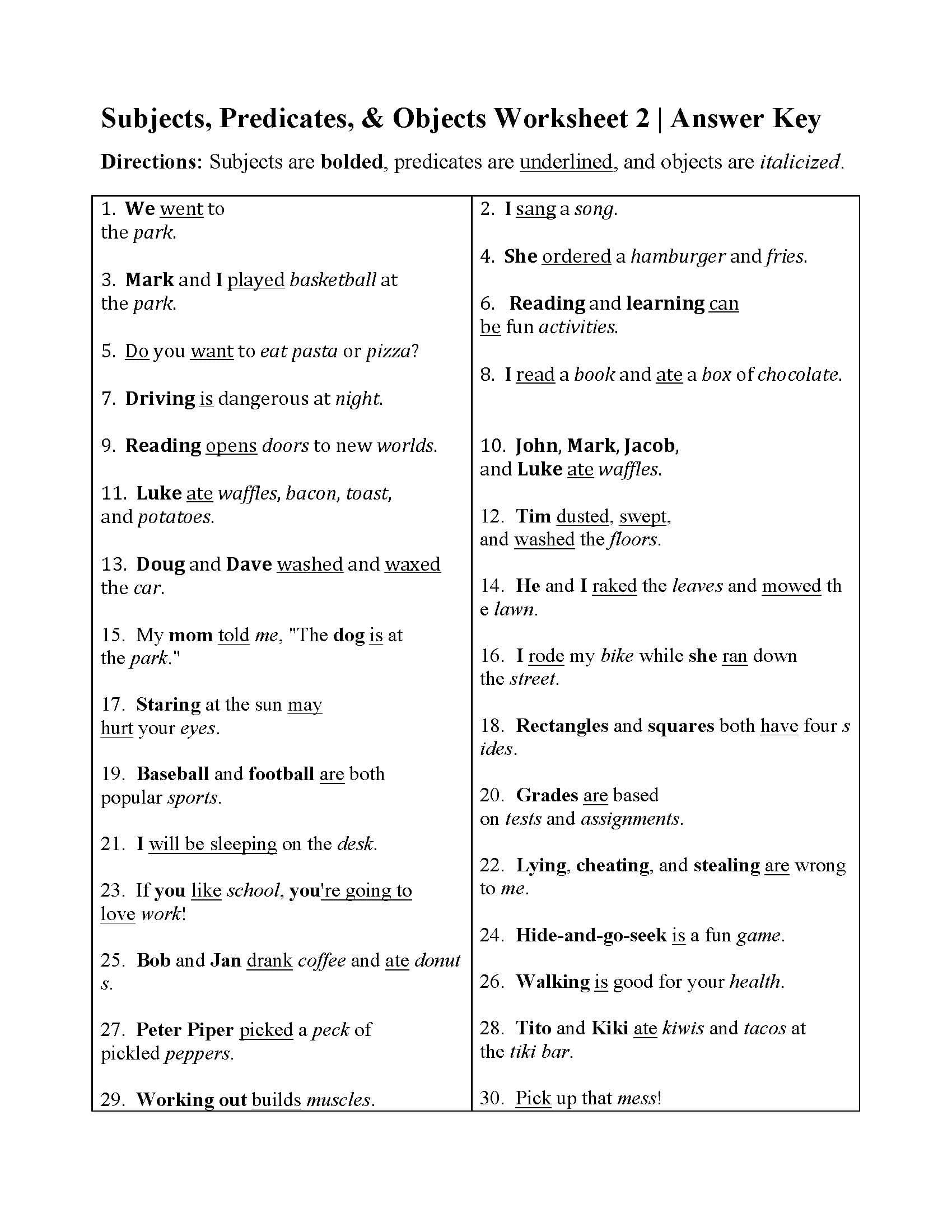 Subjects Predicates And Objects Worksheet 2  Answers For Subject And Predicate Worksheet