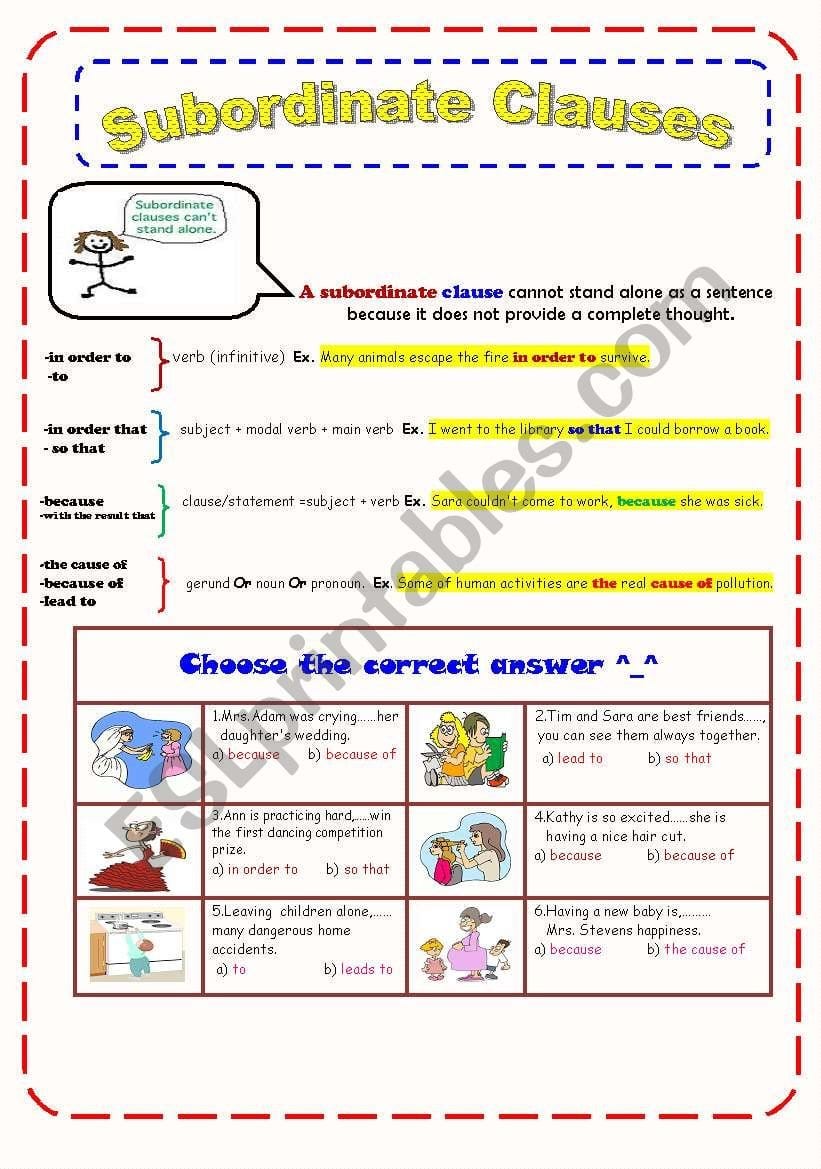 Subordinate Clause  Esl Worksheetmssaraq8 Throughout Subordinate Clause Worksheet