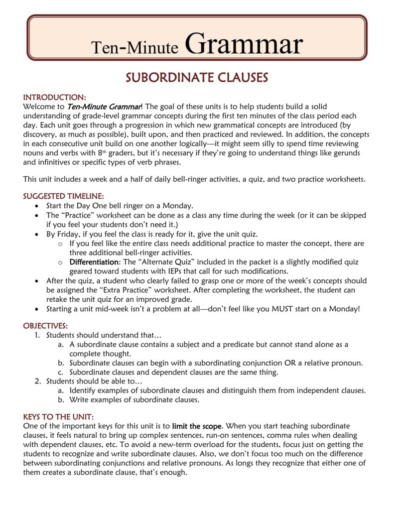 Subordinate Clauses For Subordinate Clause Worksheet