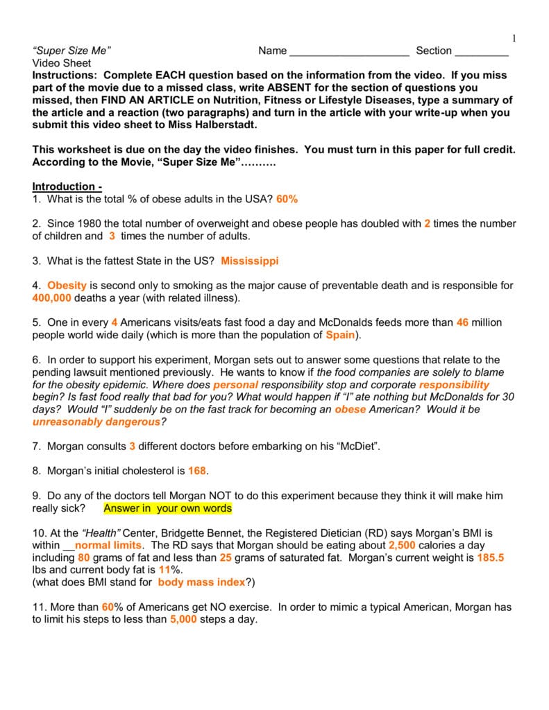 Super Size Me With Super Size Me Film Worksheet Answers