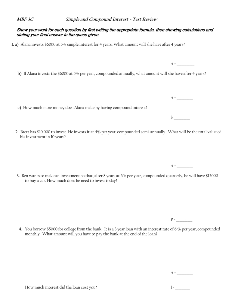 Test Review Assignment  Simple And Compound Interest1 As Well As Simple And Compound Interest Practice Worksheet Answer Key