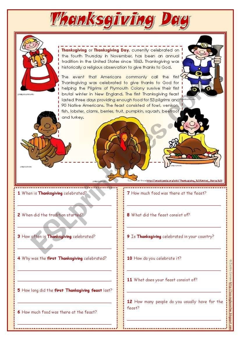 Thanksgiving Day  Reading Comprehension Editable  Esl Worksheet As Well As Thanksgiving Reading Comprehension Worksheets