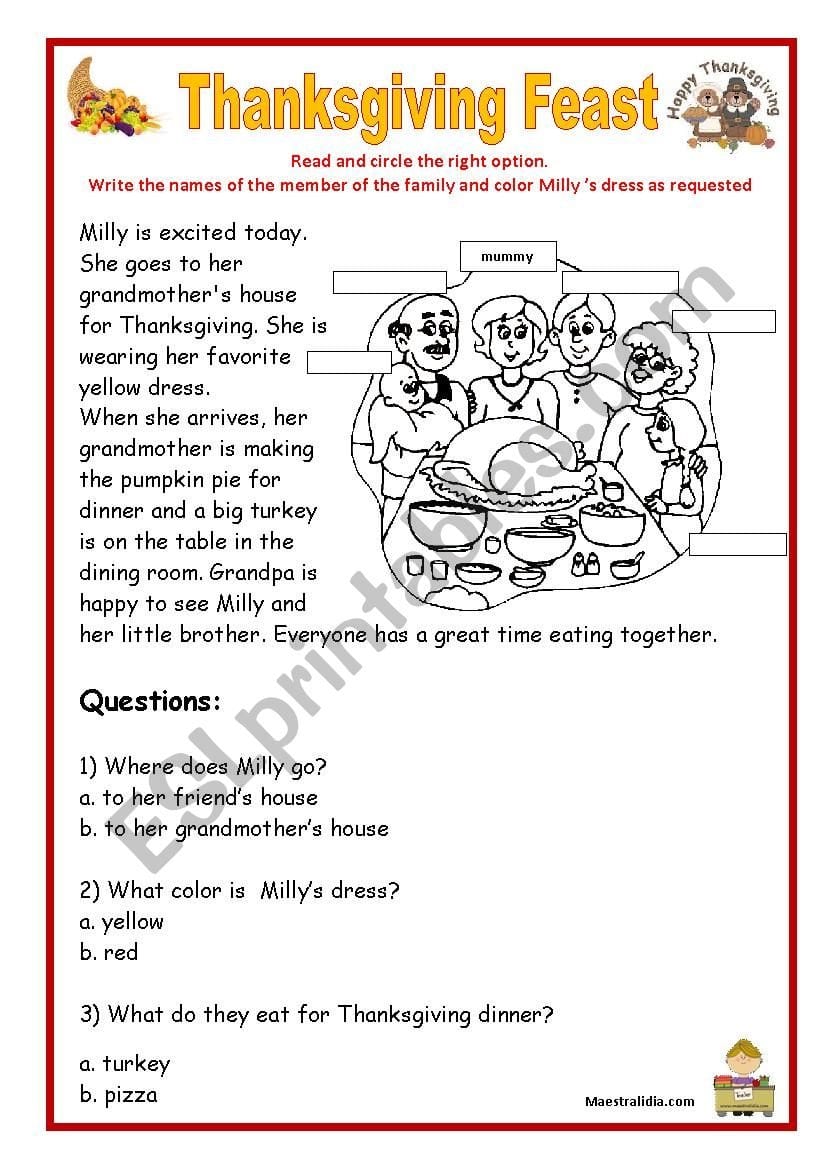 Thanksgiving Reading And Comprehension  Esl Worksheetmaestralidia Pertaining To Thanksgiving Reading Comprehension Worksheets