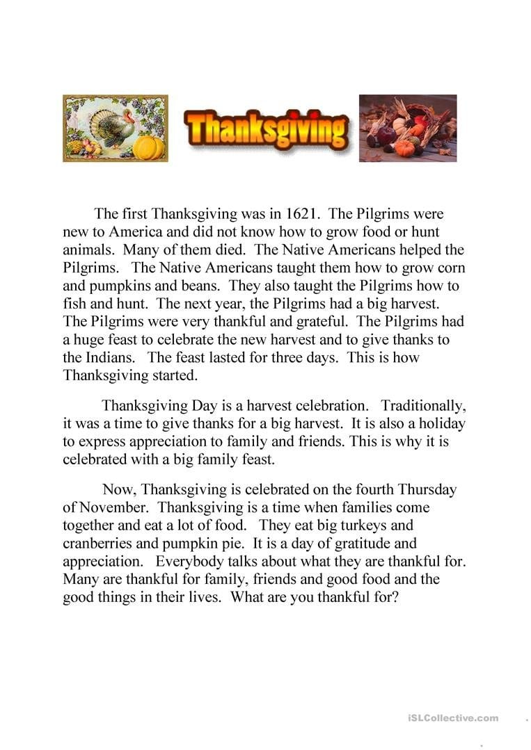 Thanksgiving Text And Quiz Running Dictation Worksheet  Free Esl Within Esl Thanksgiving Worksheets Adults