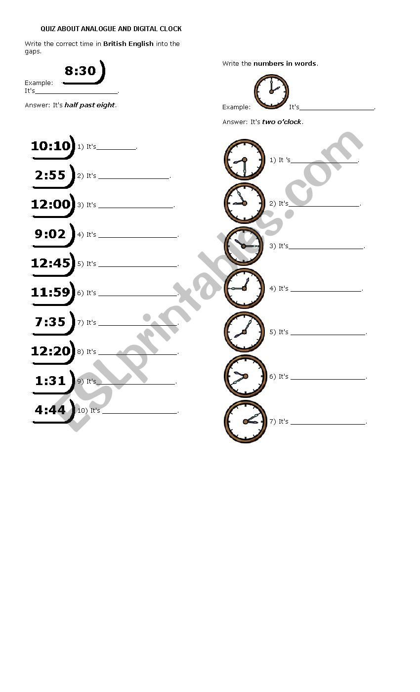 The Clock Quiz  Esl Worksheetamsalgado30Hotmail Throughout Clock Quiz Worksheet
