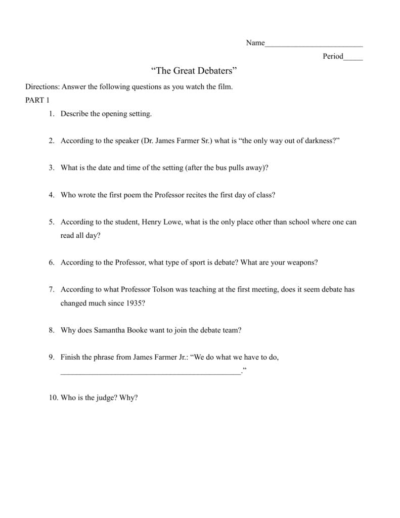 The Great Debaters Study Guide As Well As The Great Debaters Movie Worksheet Answers