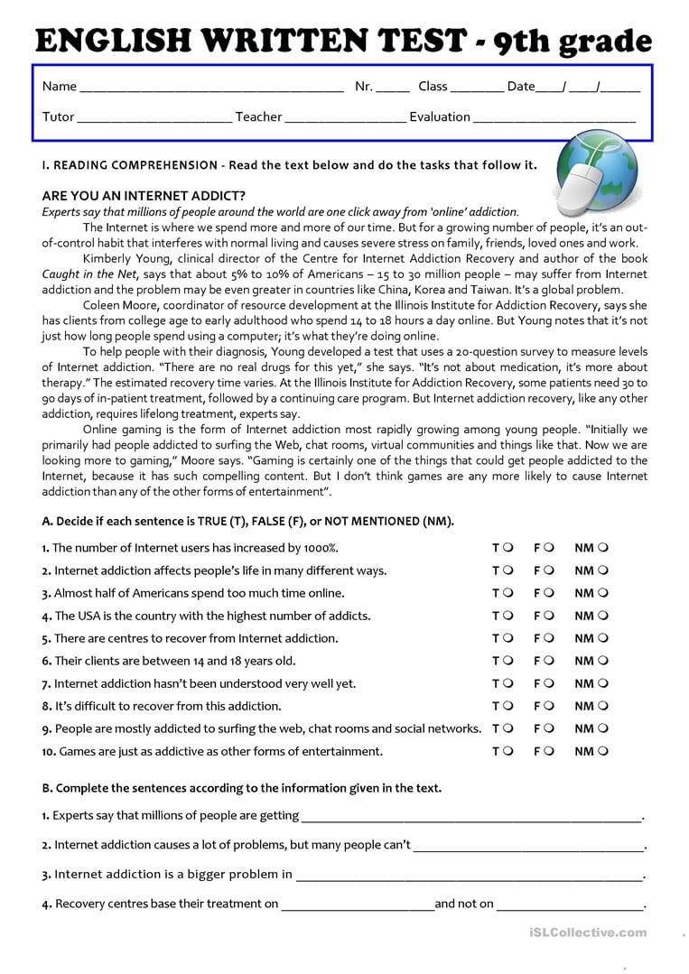 The Internet Test 9Th Grade  A2B1 Worksheet  Free Esl Printable Regarding Ninth Grade Worksheets