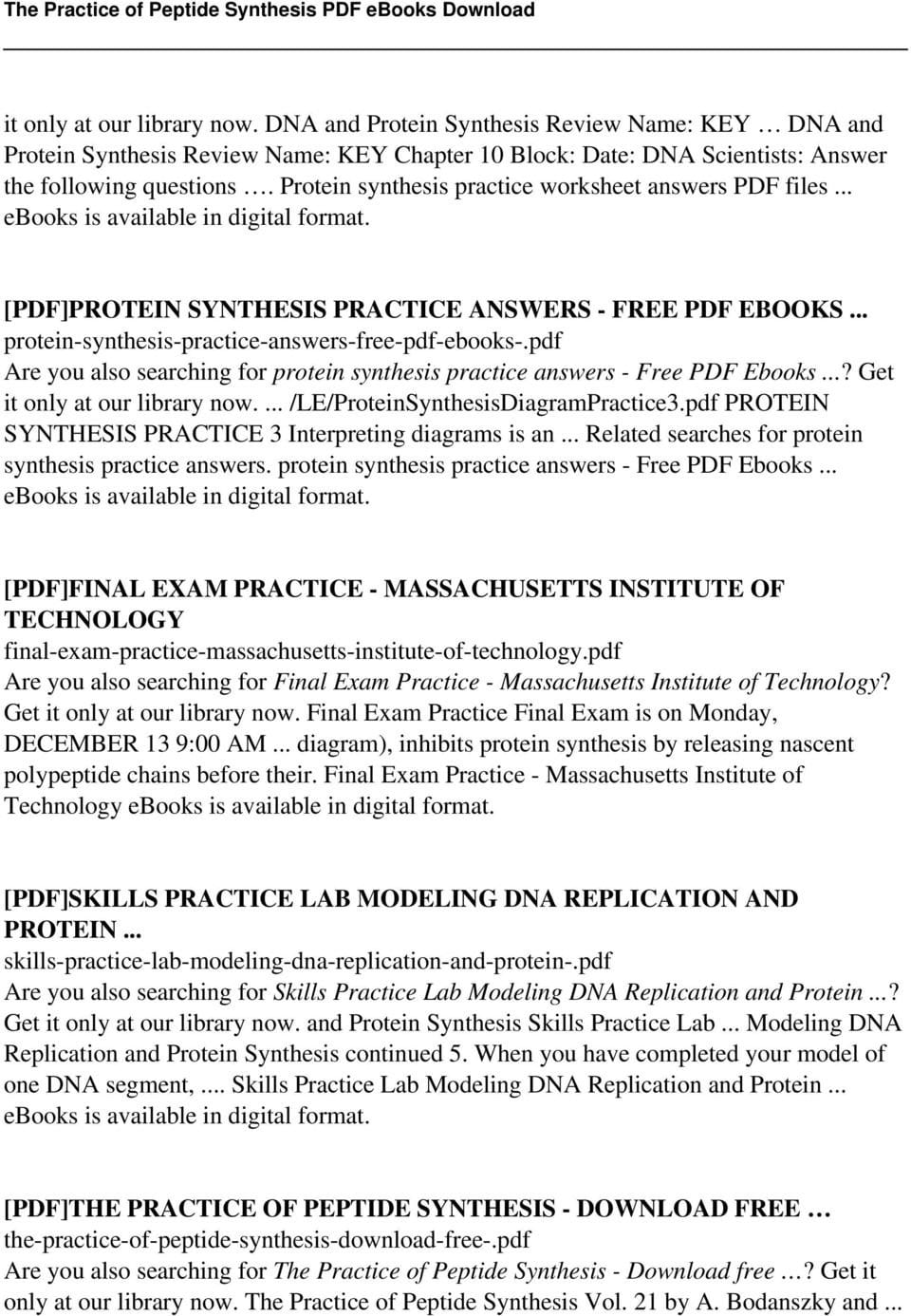 The Practice Of Peptide Synthesis  Pdf Pertaining To Protein Synthesis Worksheet Pdf