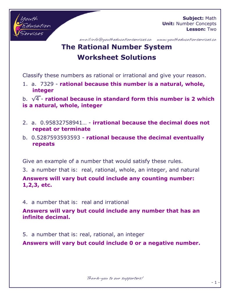 The Rational Number System Worksheet Solutions With Regard To The Number System Worksheet
