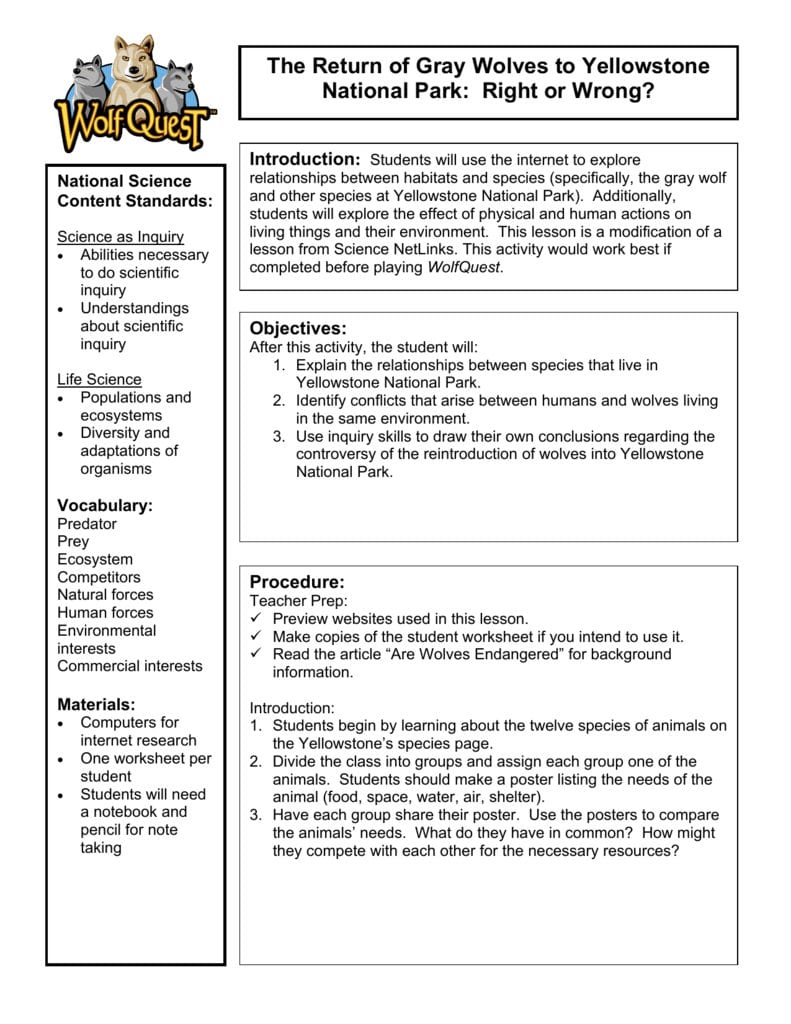 The Return Of Gray Wolves To Yellowstone National Park Inside Wolves In Yellowstone Student Worksheet Answers