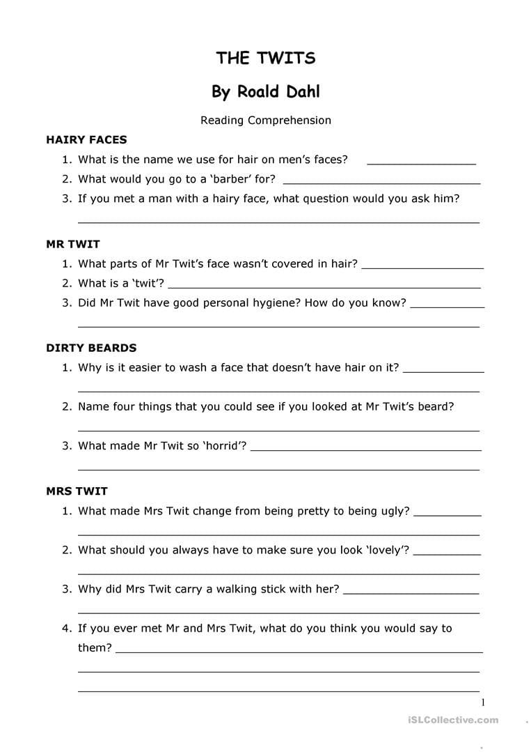 The Twits'roald Dahl Reading Comprehension Worksheet  Free Esl Intended For Comprehension Worksheets With Questions