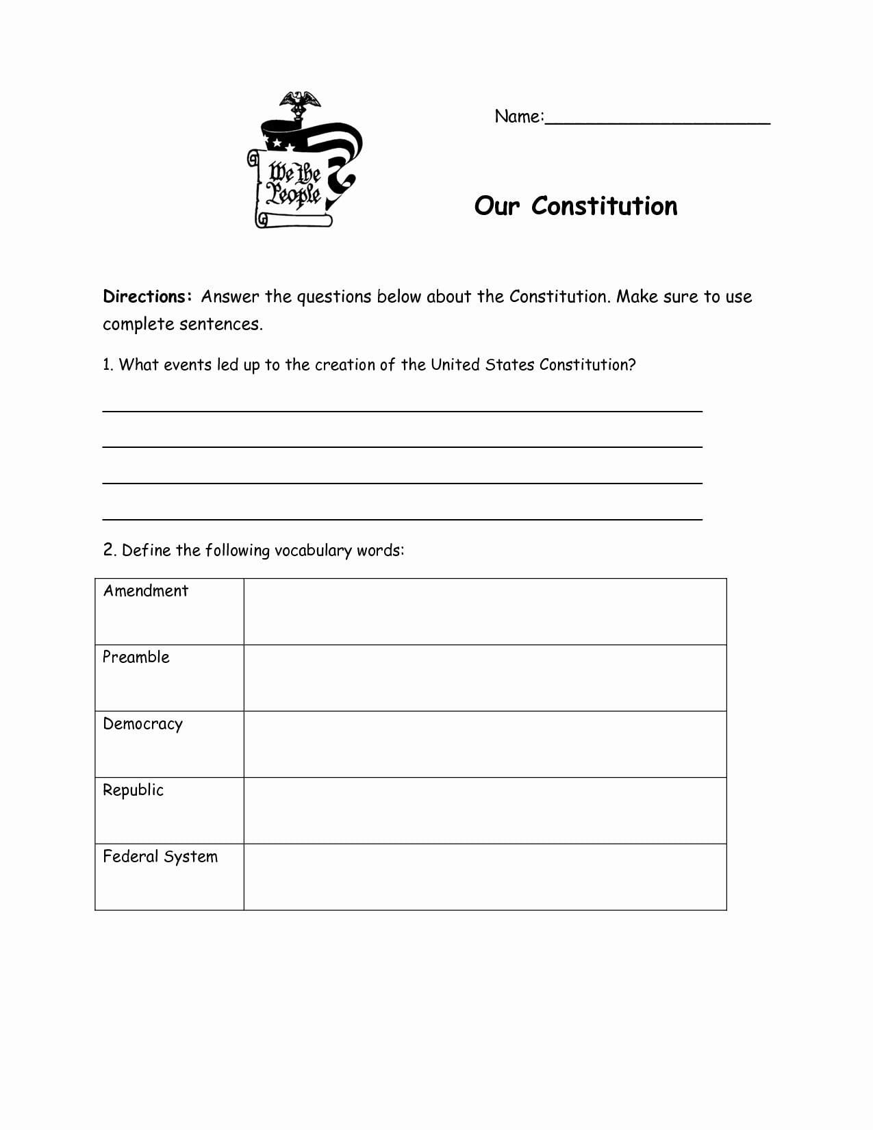 The Us Constitution Worksheet Answers  Briefencounters Intended For The Us Constitution Worksheet Answers