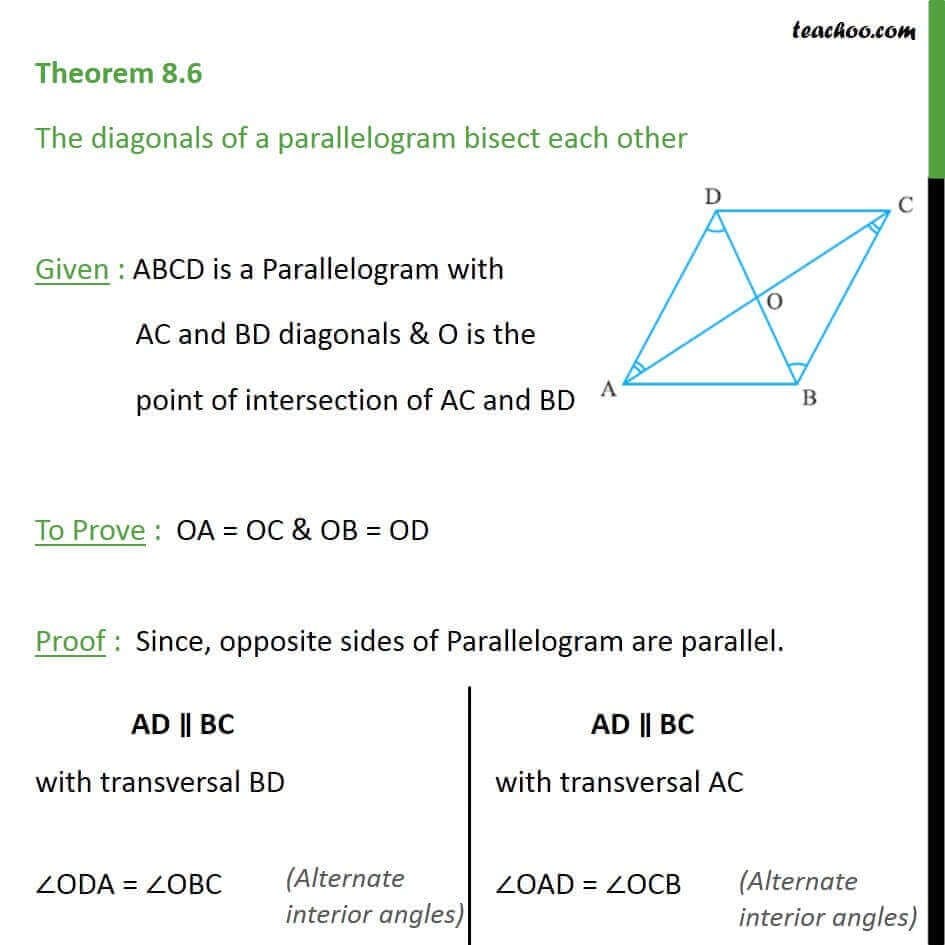 Theorem 86  Class 9  Diagonals Of A Parallelogram Bisect Each Other With Regard To Parallelogram Proofs Worksheet