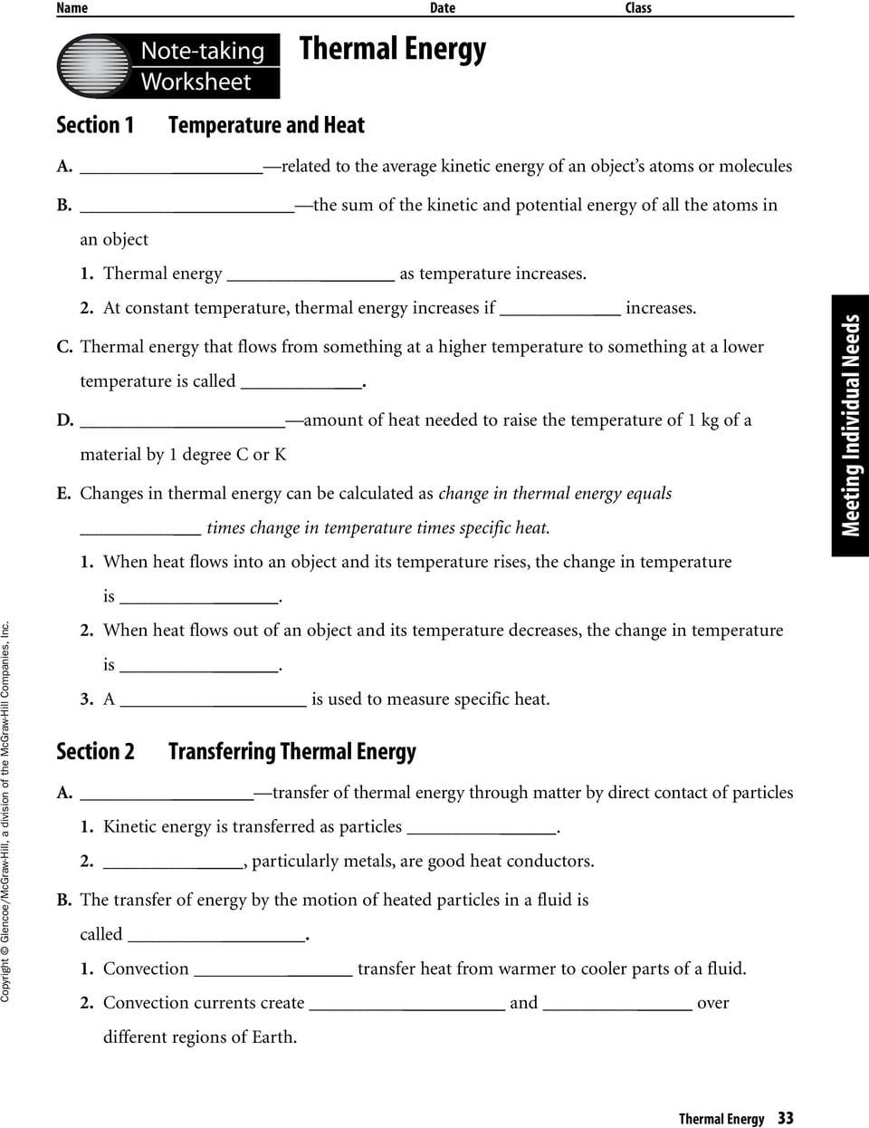 Thermal Energy Chapter Resources Includes Glencoe Science Intended For Energy Note Taking Worksheet Answers