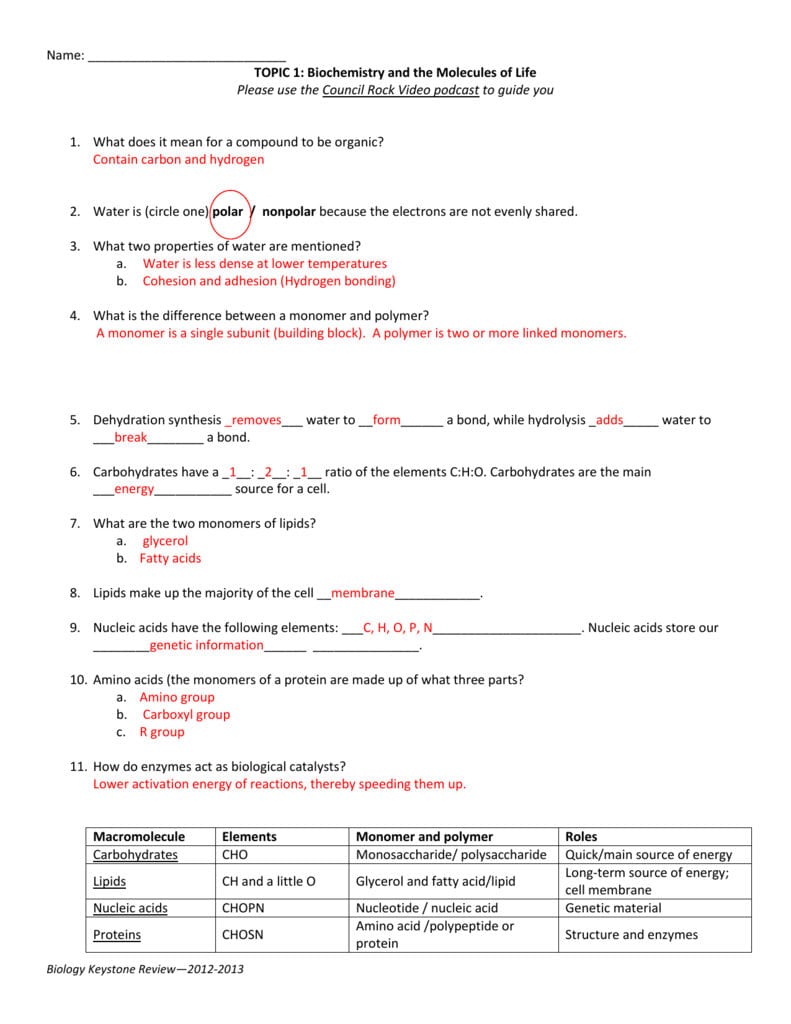 Topic 1 And 2 Viewing Guide Key With Molecules Of Life Worksheet