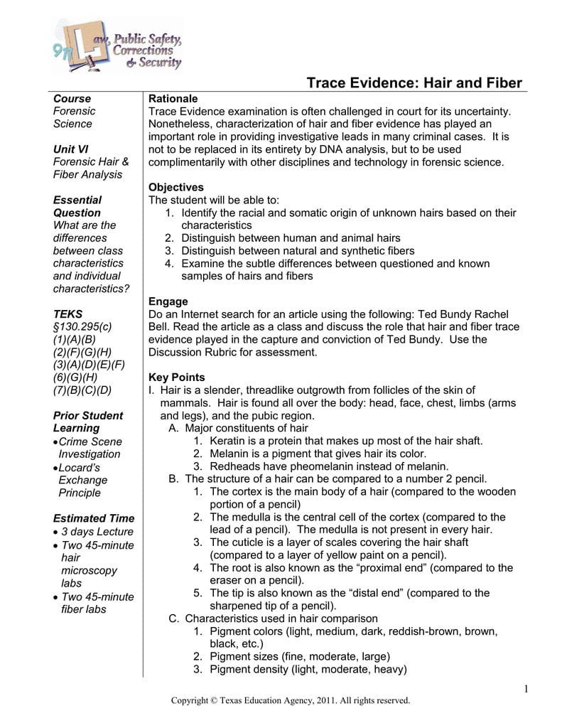 Trace Evidence Hair And Fiber With Regard To Hair And Fiber Unit Worksheet Answers