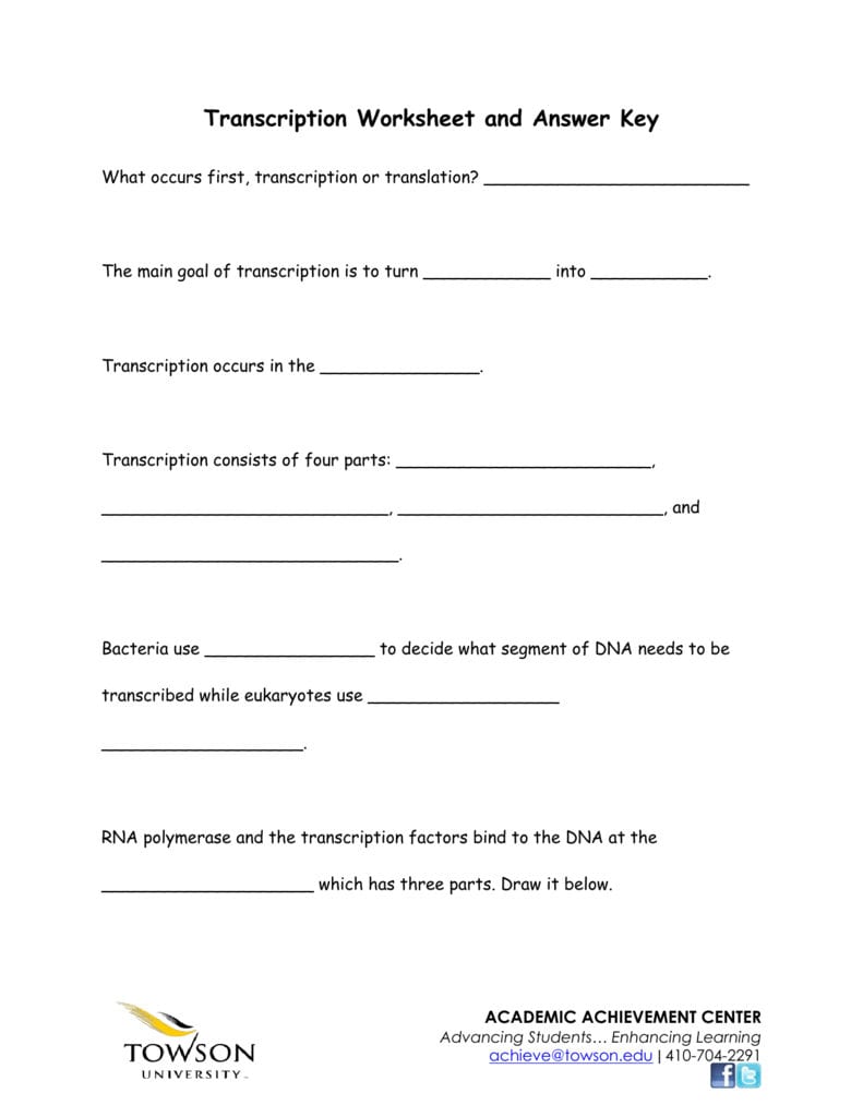 Transcription Worksheet And Answer Key Also Transcription Worksheet Answers