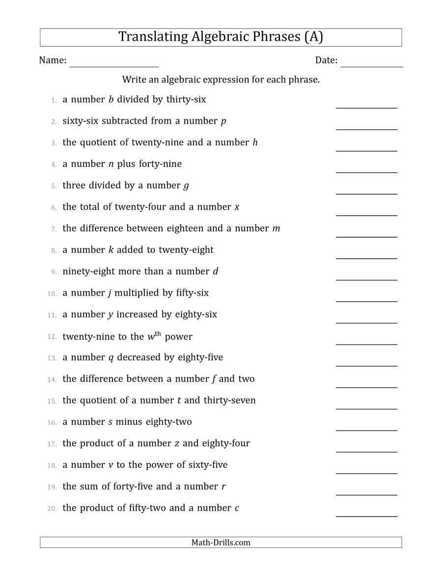Translating Algebraic Phrases Simple Version A Inside Writing Algebraic Expressions Worksheet Pdf