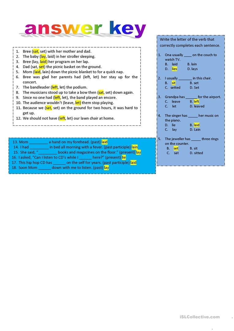 Troublesome Verbs Part 1 Lay Lie Set Let Leave Worksheet  Free In Troublesome Verbs Worksheets With Answers