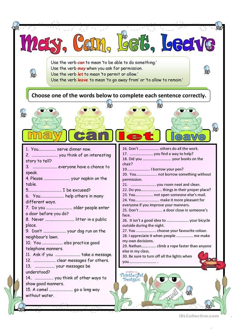 Troublesome Verbs Part 2 May Can Let Leave Worksheet  Free Esl Within Troublesome Verbs Worksheets With Answers