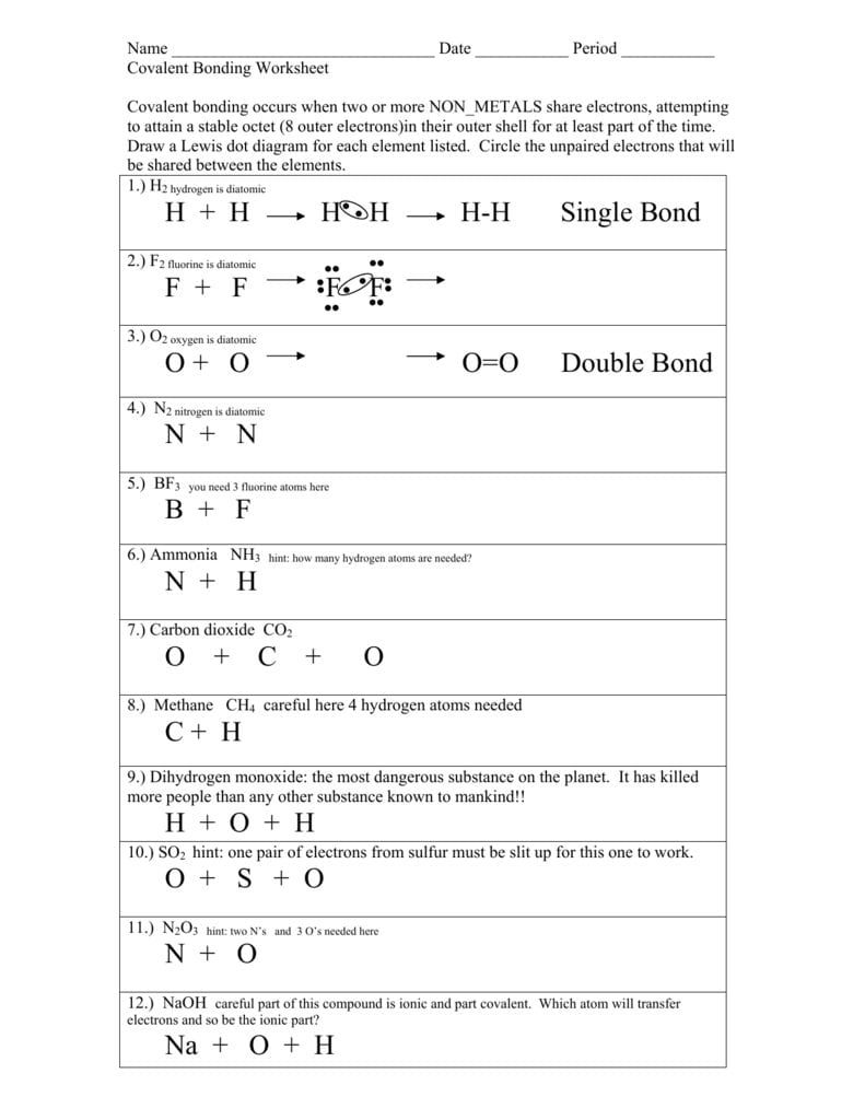 Types Of Chemical Bonds Worksheet As Well As Covalent Bonding Worksheet