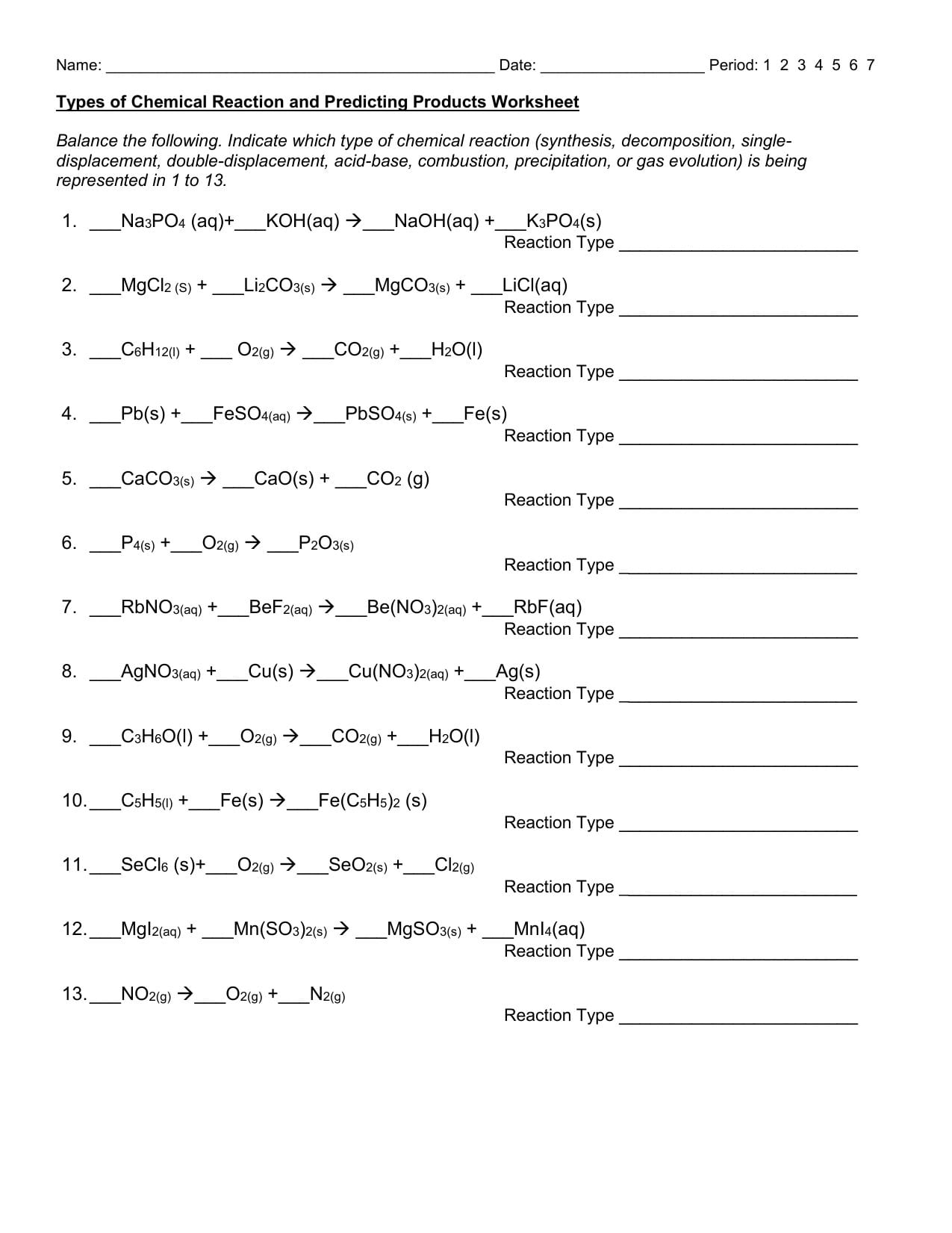 Types Of Chemical Reaction And Predicting Products Worksheet Regarding Predicting Products Worksheet Chemistry