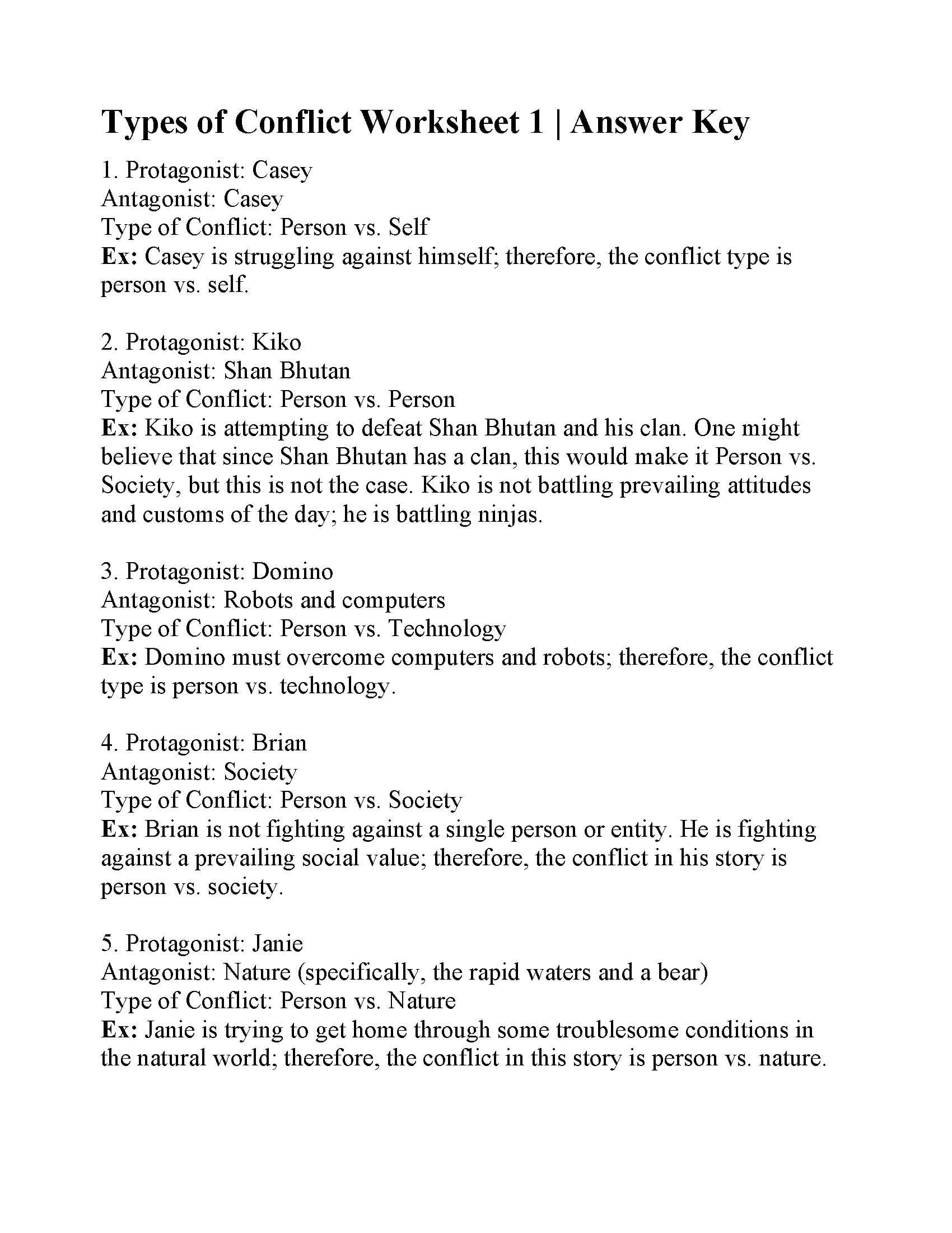 Types Of Conflict Worksheet 1  Answers Throughout Types Of Conflict Worksheet Pdf